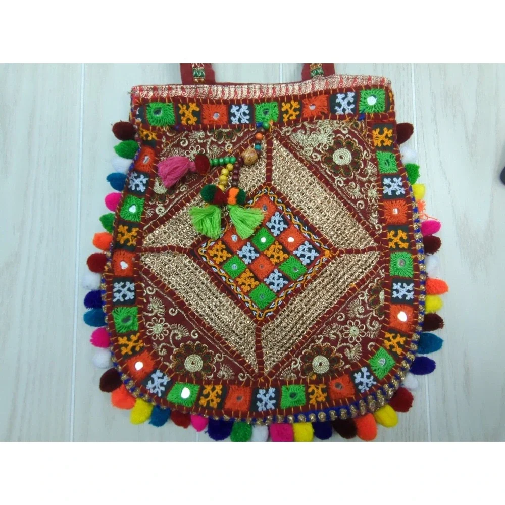 Handcrafted Made India fabric mirrored stitched hobo hippie bag purse pom poms